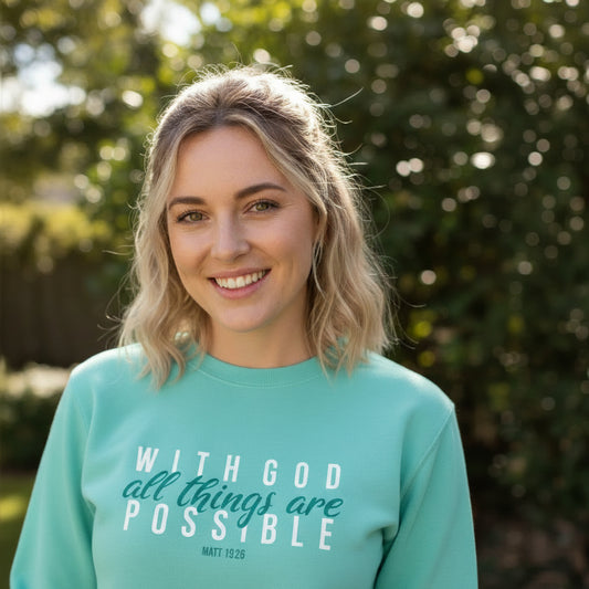 With God All things are possible - Christian Sweater (Aqua)