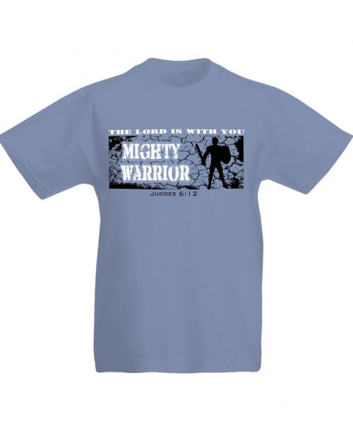 Grey Christian T shirt for kids with the words - "Mighty Warrior" by In the Gap Clothing