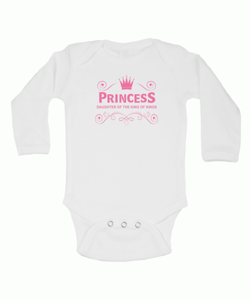 White Christian baby onesie babygrow with crown and words: Princess, daughter of the King of Kings - made by ITG Clothing