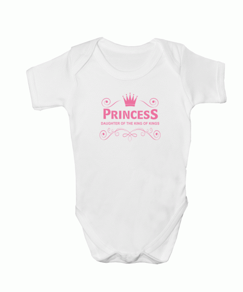 White Christian baby onesie babygrow with crown and words: Princess, daughter of the King of Kings - made by In the Gap Clothing