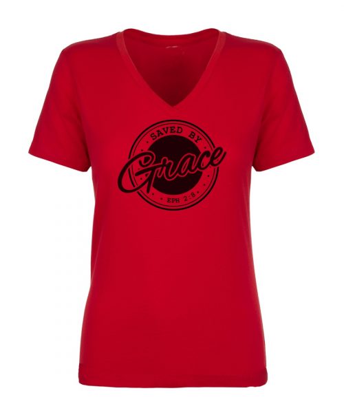 Red Christian Ladies T shirt with vintage badge: Saved by Grace - Ephesians 2:8 - In the Gap Clothing