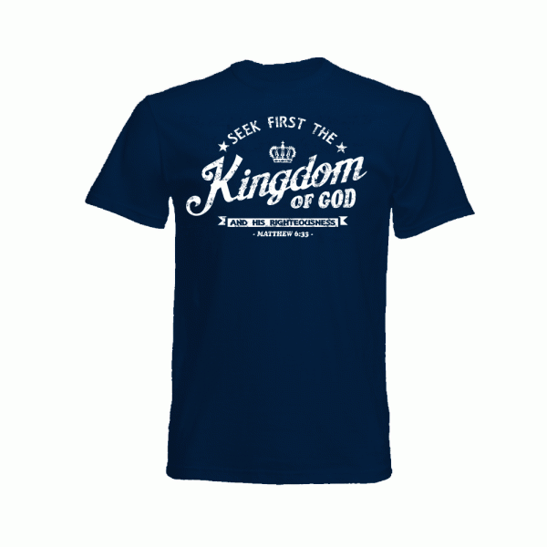 Navy Christian vintage T shirt with crown: Seek First the Kingdom of God and His righteousness - by In the Gap Clothing