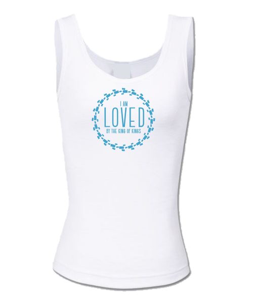 White Christian Ladies vest with turquoise print: I am Loved by the King of Kings - by In the Gap Clothinglothing