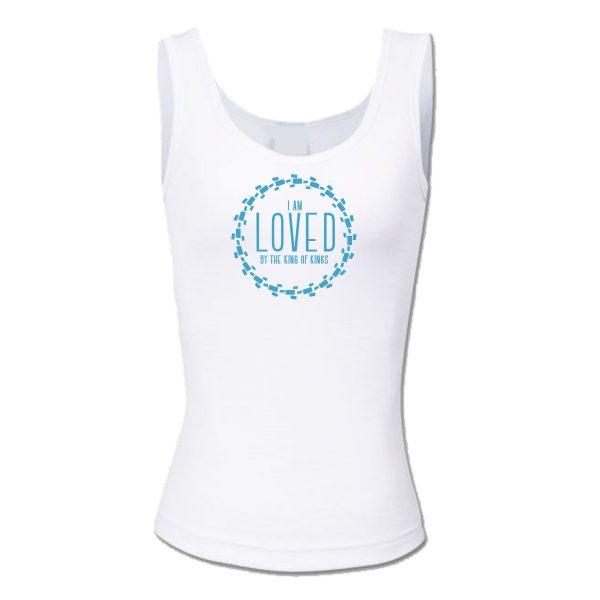 White Christian Ladies vest with turquoise print: I am Loved by the King of Kings - by In the Gap Clothinglothing