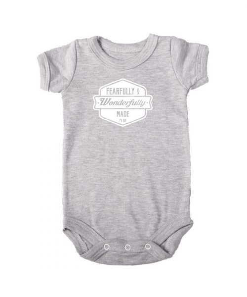 Grey vintage Christian Baby onesie with badge and words from Psalm 139 - Fearfully and wonderfully made - In the Gap Clothing