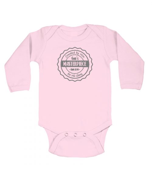 Pink vintage Christian baby onesie with badge and words: God's Masterpiece, Eph 2v10 - baby clothing by In the Gap Clothing