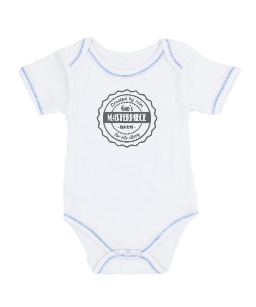 White vintage Christian baby onesie with badge and words: God's Masterpiece, Eph 2v10 - baby clothing by In the Gap Clothing