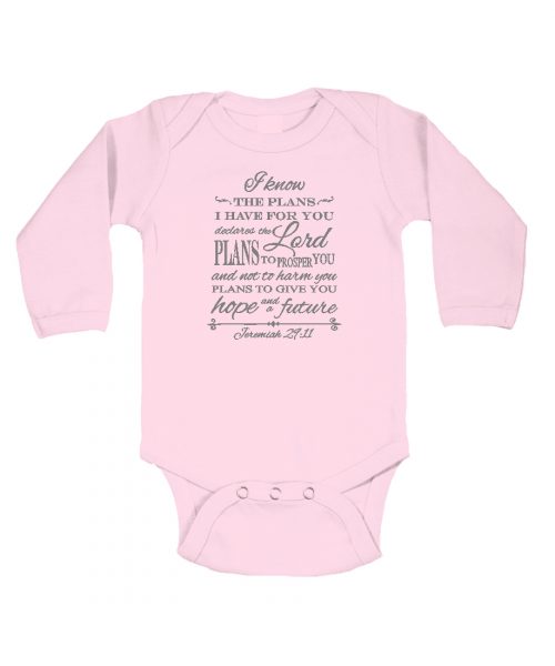 Pink vintage Christian baby onesie with words from Jeremiah 29v11: I know the plans I have for you, plans to prosper you