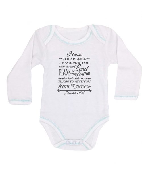 White vintage Christian baby onesie with words from Jeremiah 29v11: I know the plans I have for you, plans to prosper you