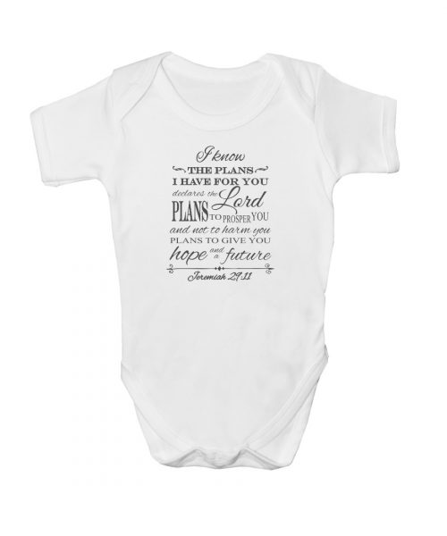 White vintage Christian baby onesie with words from Jeremiah 29v11: I know the plans I have for you, plans to prosper you