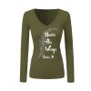 Olive Christian Ladies Long Sleeve T shirt with grey feather and Under His Wings Psalm 91 printed on, by In the Gap Clothing