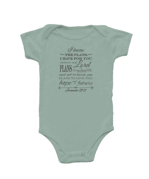 Teal vintage Christian baby onesie with words from Jeremiah 29v11: I know the plans I have for you, plans to prosper you