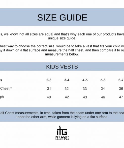 Kids vest size guide for In the Gap Clothing Christian Kids Vests