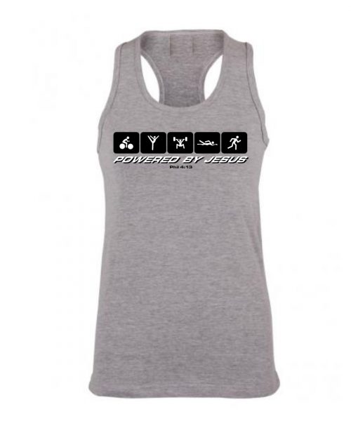 Grey Melange Christian Ladies Racerback with the words - Powered by Jesus - Philippians 4:13 by In the Gap Clothing