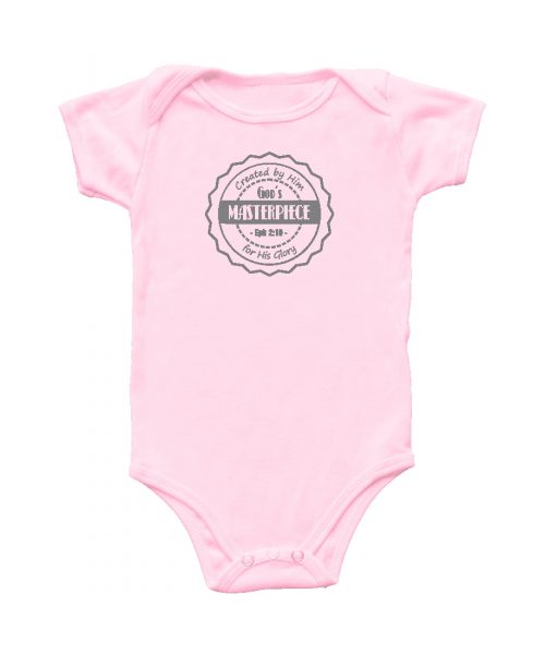 Pink vintage Christian baby onesie with badge and words: God's Masterpiece, Eph 2v10 - baby clothing by In the Gap Clothing