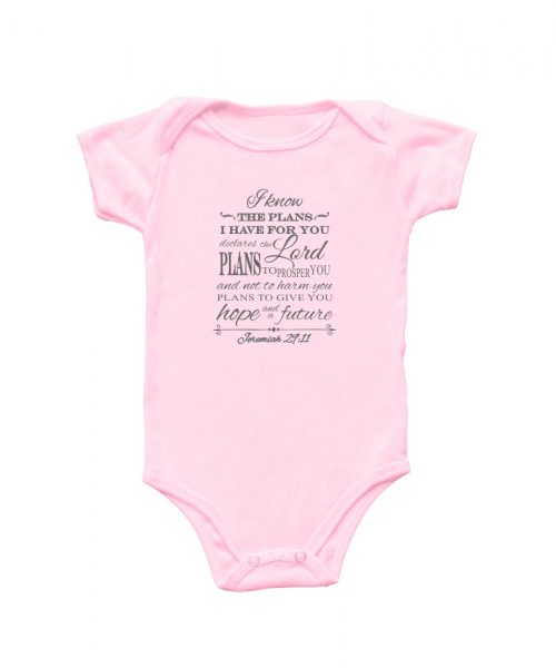 Pink vintage Christian baby onesie with words from Jeremiah 29v11: I know the plans I have for you, plans to prosper you