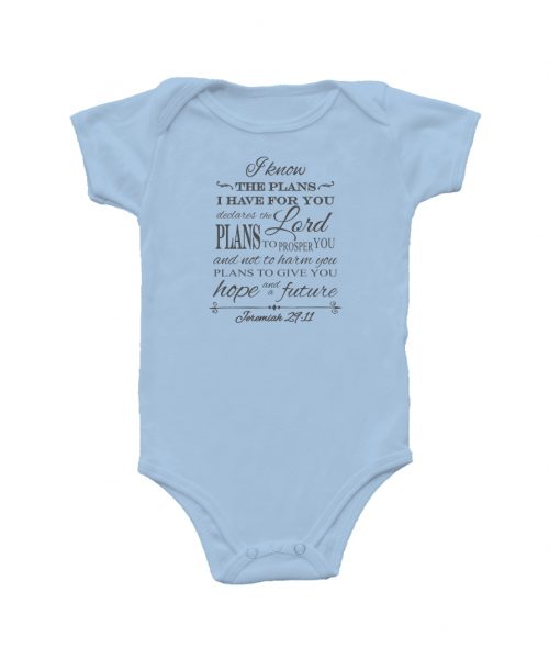 Blue vintage Christian baby onesie with words from Jeremiah 29v11: I know the plans I have for you, plans to prosper you