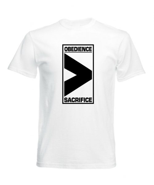 White Christian T shirt with the words "Obedience is greater than sacrifice" from 1 Samuel 15:22 in black print by In The Gap Clothing