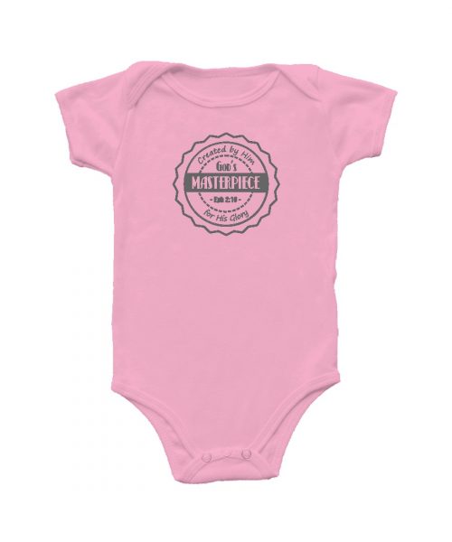 Rose Pink vintage Christian baby onesie with badge and words: God's Masterpiece, Eph 2v10 - baby clothing by In the Gap Clothing