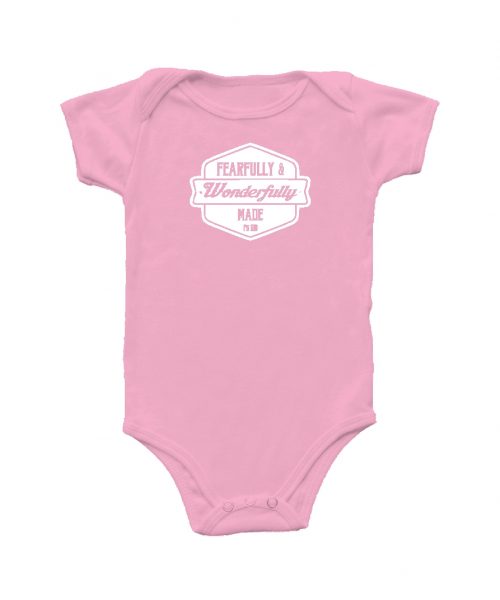 Rose pink vintage Christian Baby onesie with badge and words from Psalm 139 - Fearfully and wonderfully made - In the Gap Clothing