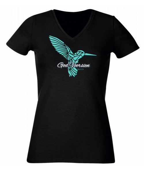 God Voorsien - Christian Ladies T shirt (Black - V-neck