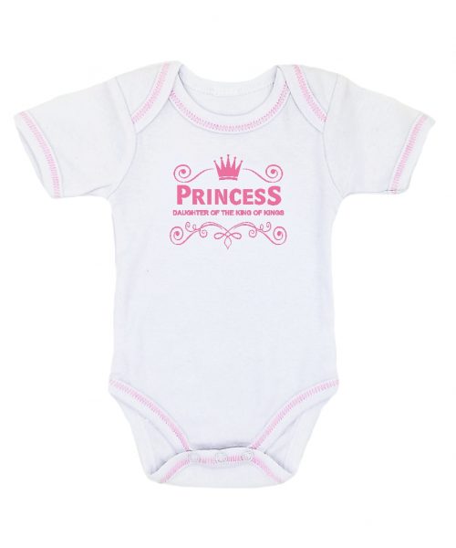White Christian baby onesie babygrow with pink trimming and crown and words: Princess, daughter of the King of Kings - made by In the Gap Clothing