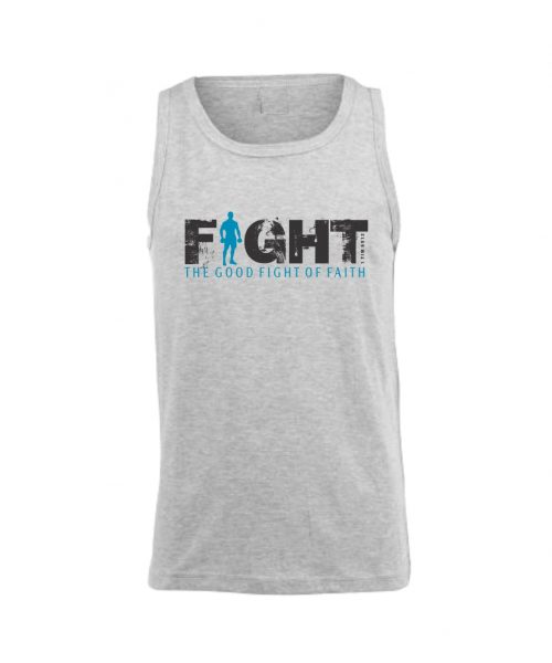 Grey Melange Christian Men's Vest with the words - Fight the good fight of faith - 1 Timothy 6:12 by In the Gap Clothing