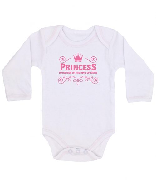 White & Pink Christian baby onesie babygrow with crown and words: Princess, daughter of the King of Kings - made by ITG Clothing