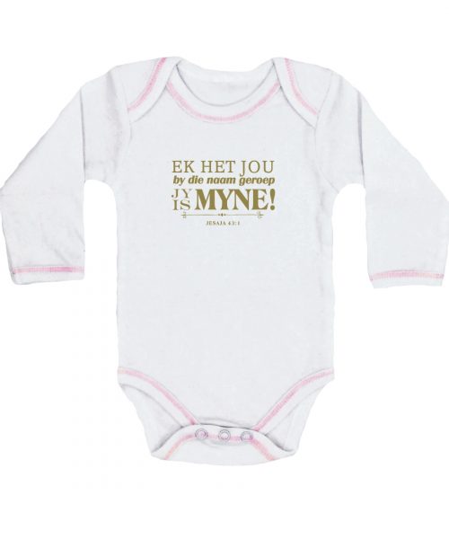 By jou naam geroep jy is myne - Christian Baby Onesie - White &Pink LS with Gold print