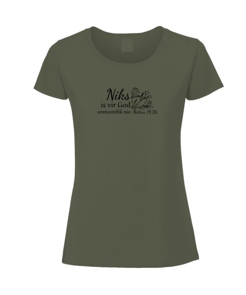 Niks is vir God ontmoontlik - Christian Ladies T shirt (Khaki v-neck)