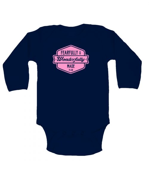 Fearfully and Wonderfully made - Christian Baby Onesie (Navy with pink LS)